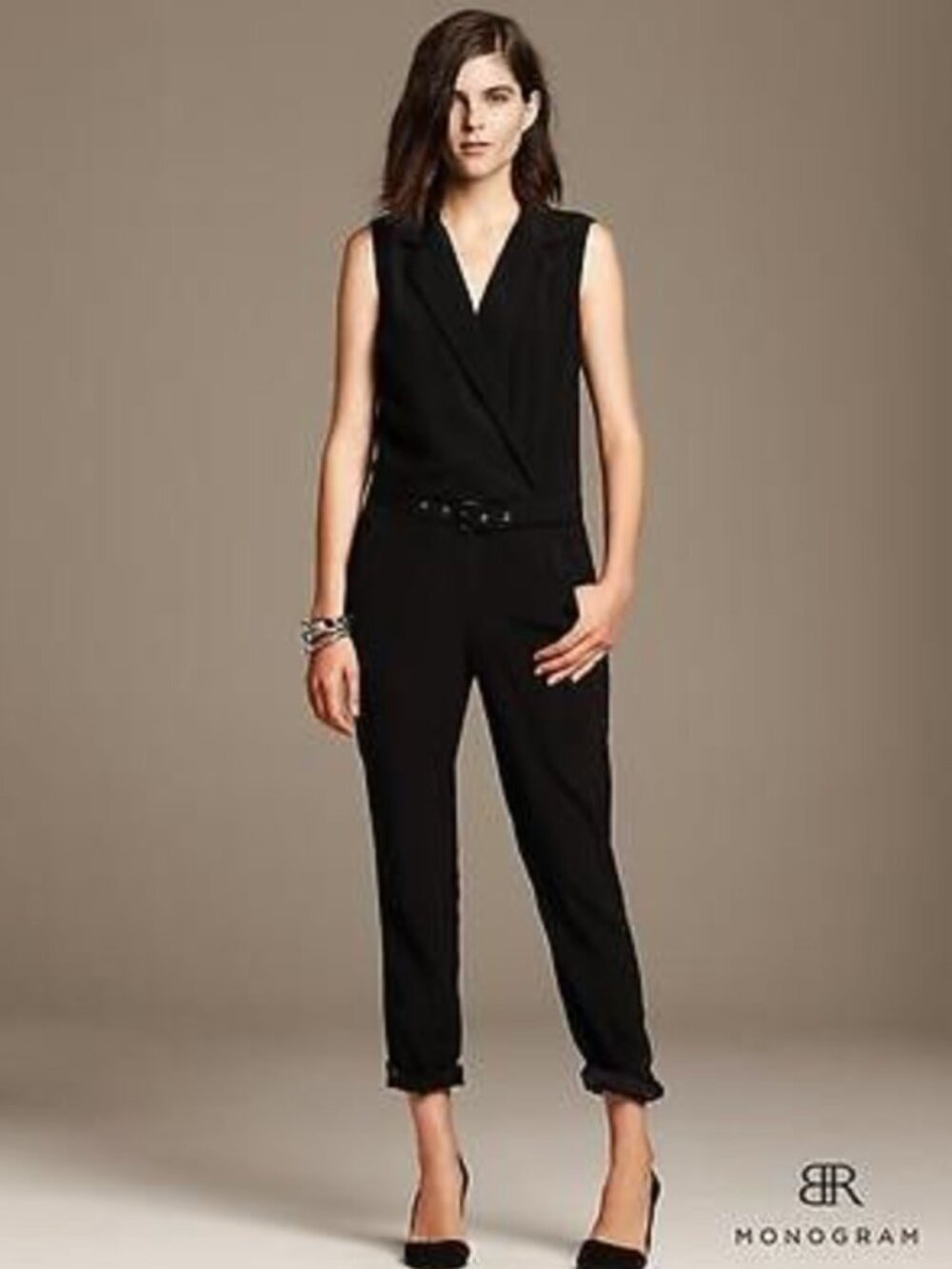 Banana Republic Black Monogram Belted Jumpsuit Size 10